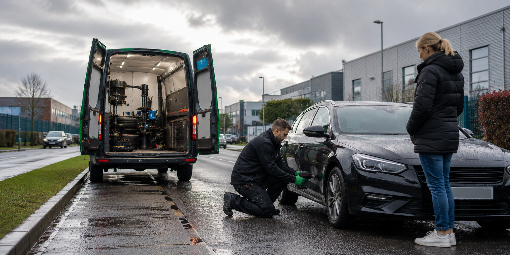 Mobile tyre fitting van helping a driver near Coalville