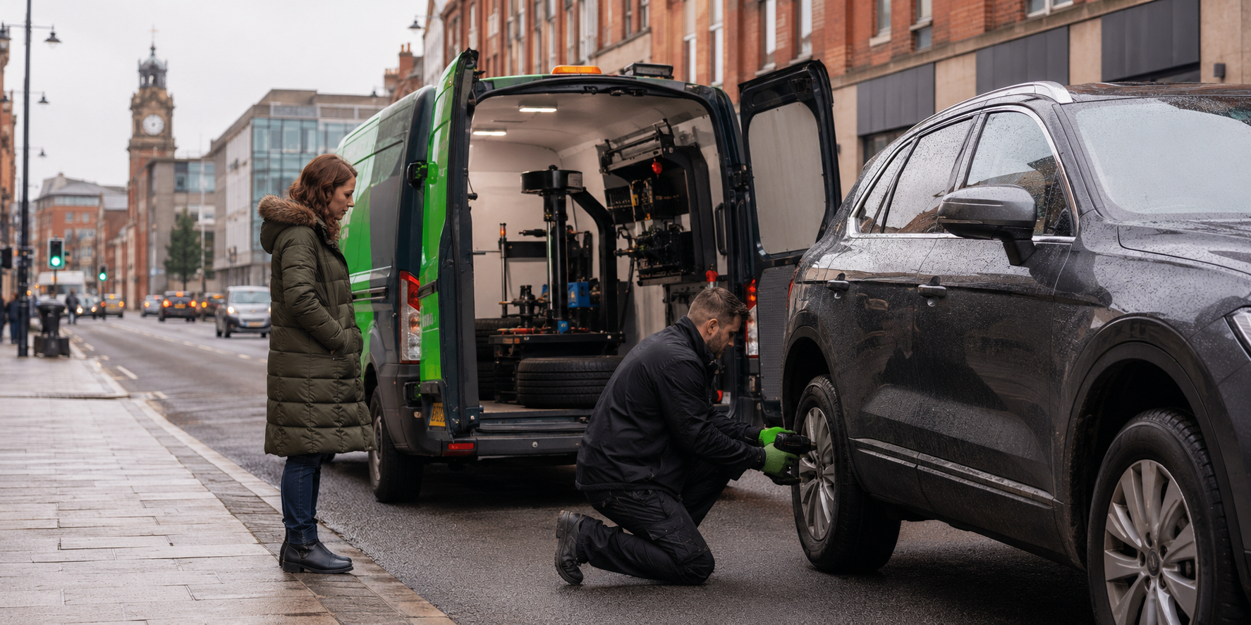 Mobile tyre fitting van helping a driver near Nottingham