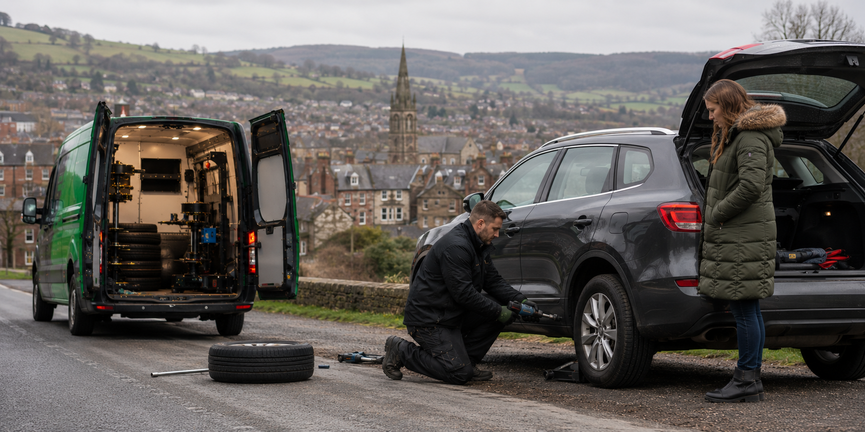 Mobile tyre fitting van helping a driver near Chesterfield