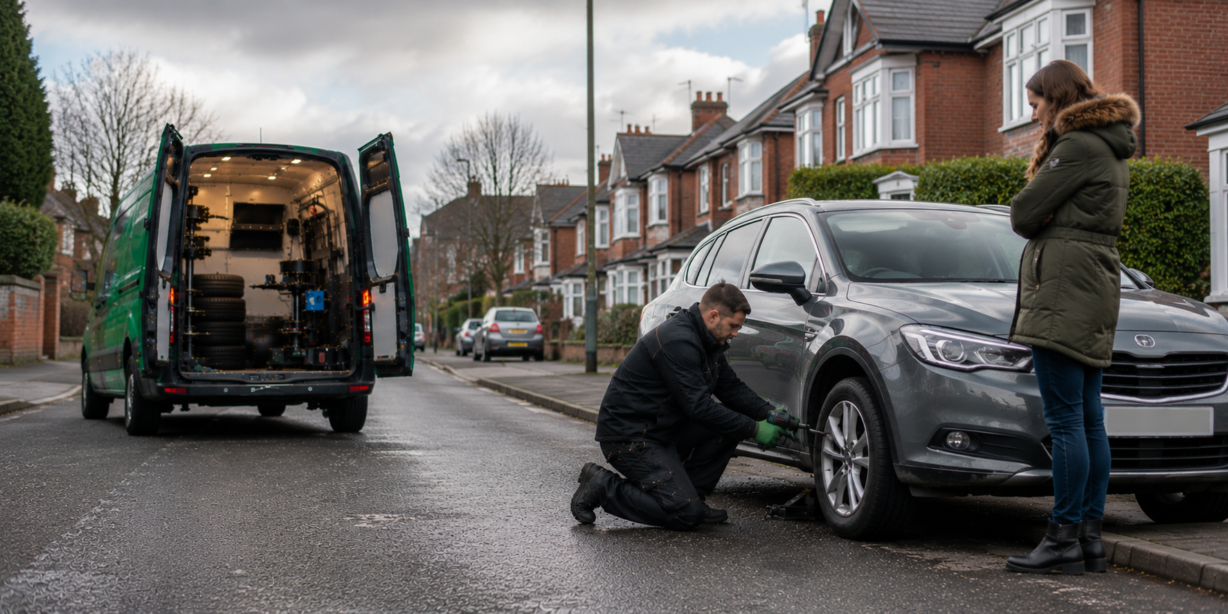 Mobile tyre fitting van helping a driver near Loughborough