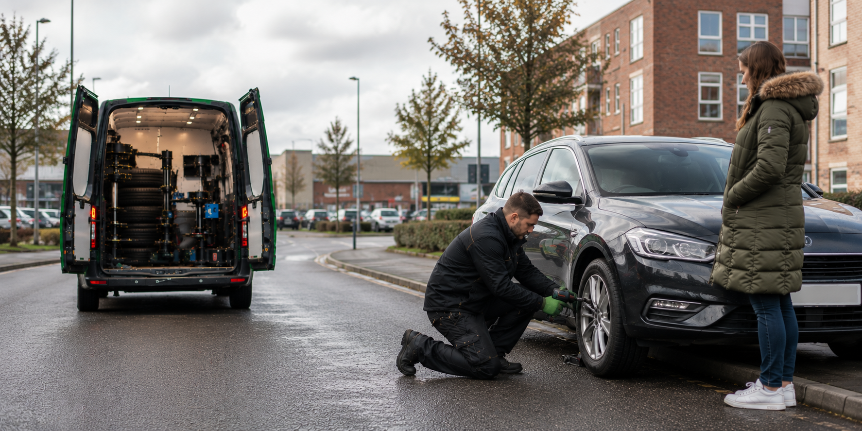 Mobile tyre fitting van helping a driver near Mansfield