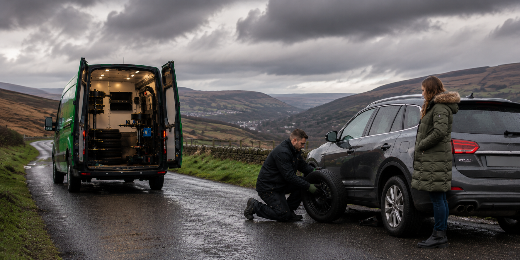 Mobile tyre fitting van helping a driver near Melton Mowbray