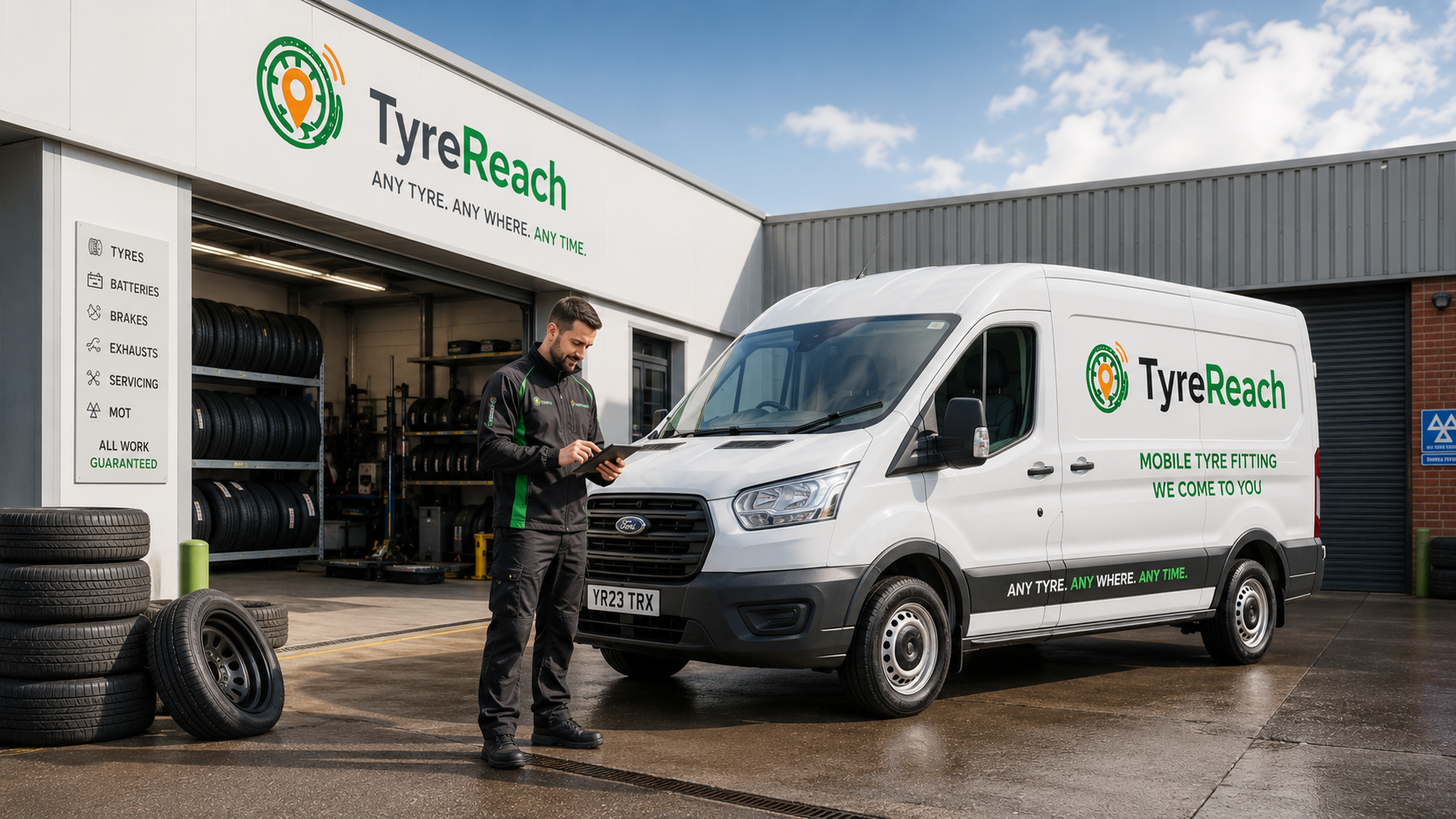 TyreReach branded mobile tyre van outside a clean garage unit with a fitter using a tablet
