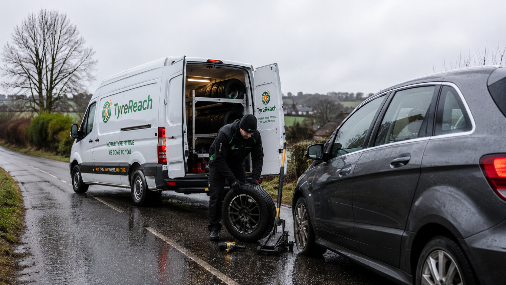 TyreReach mobile tyre fitter helping a stranded driver on a wet UK roadside